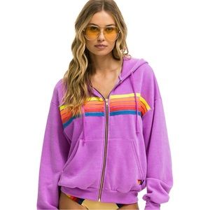 5 STRIPE RELAXED ZIP HOODIE - NEON PURPLE // NEON RAINBOW - BRAND NEW.